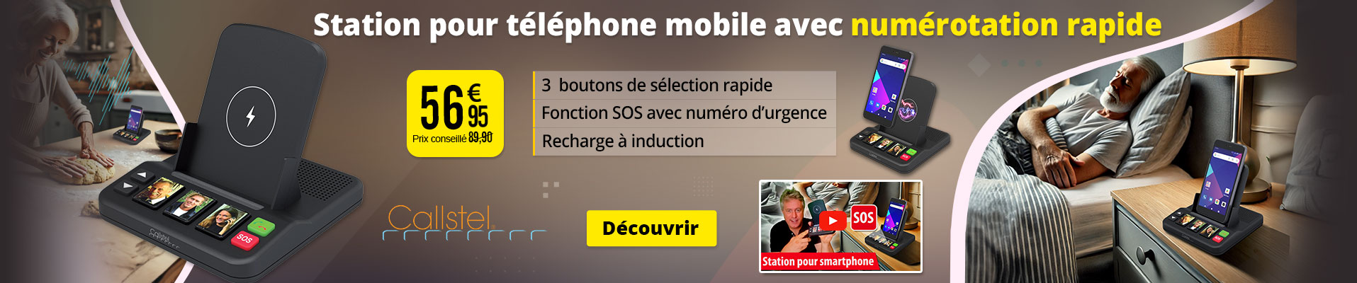 Station pour téléphone mobile avec fonction SOS, recharge à induction et numérotation rapide  - ZX5575 - Callstel